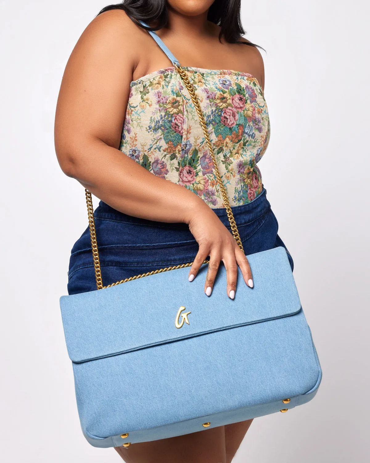 LARGE DENIM GOLD FLAP BAG