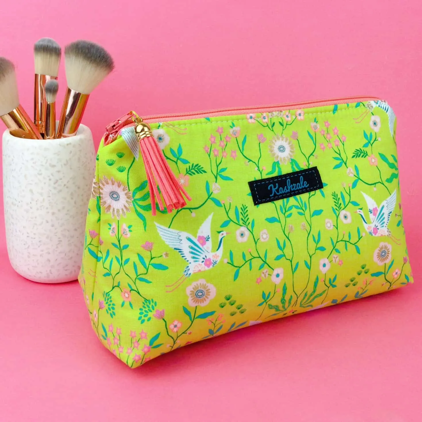 Lime Cranes Medium Makeup Bag. Green Makeup Bag.