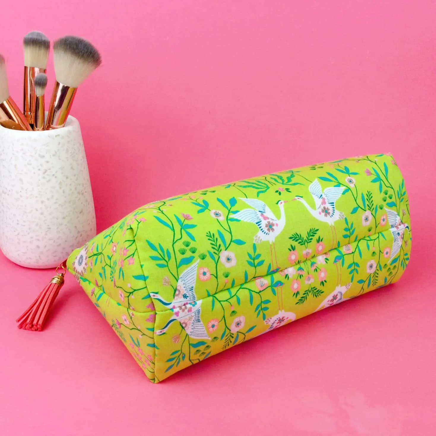 Lime Cranes Medium Makeup Bag. Green Makeup Bag.