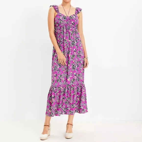 LOFT Hibiscus Midi Dress 8 Purple Ruffle Halter Floral Sleeveless NWOT