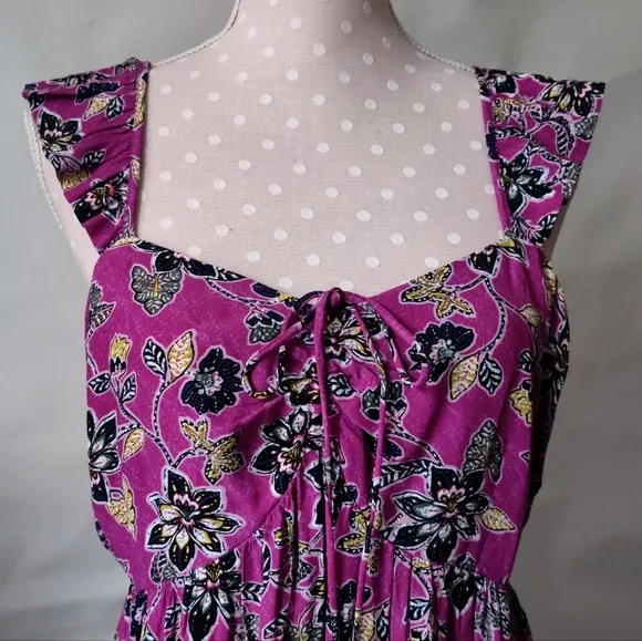 LOFT Hibiscus Midi Dress 8 Purple Ruffle Halter Floral Sleeveless NWOT