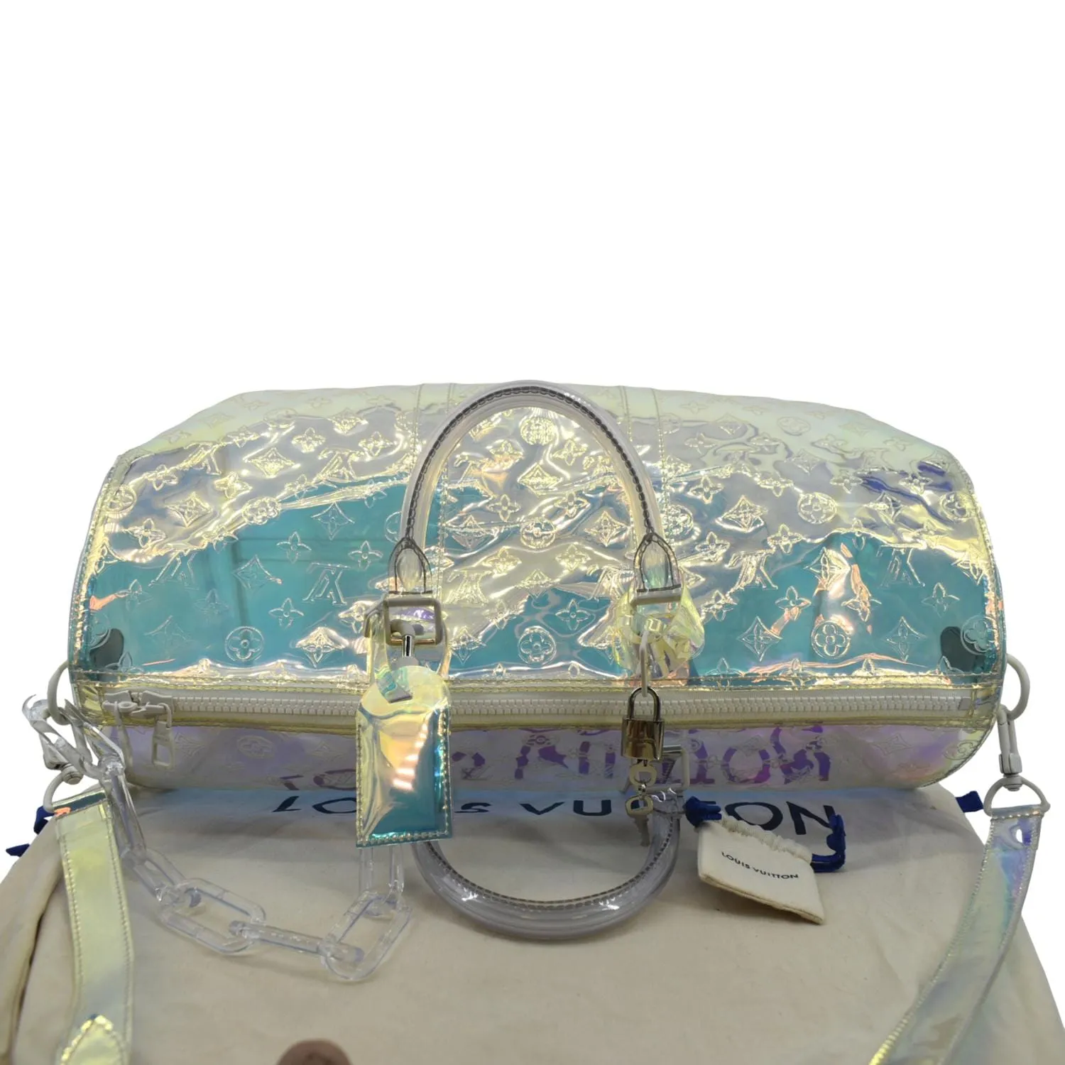 LOUIS VUITTON Keepall Bandouliere Embossed Monogram PVC Prism Travel Bag Iridescent