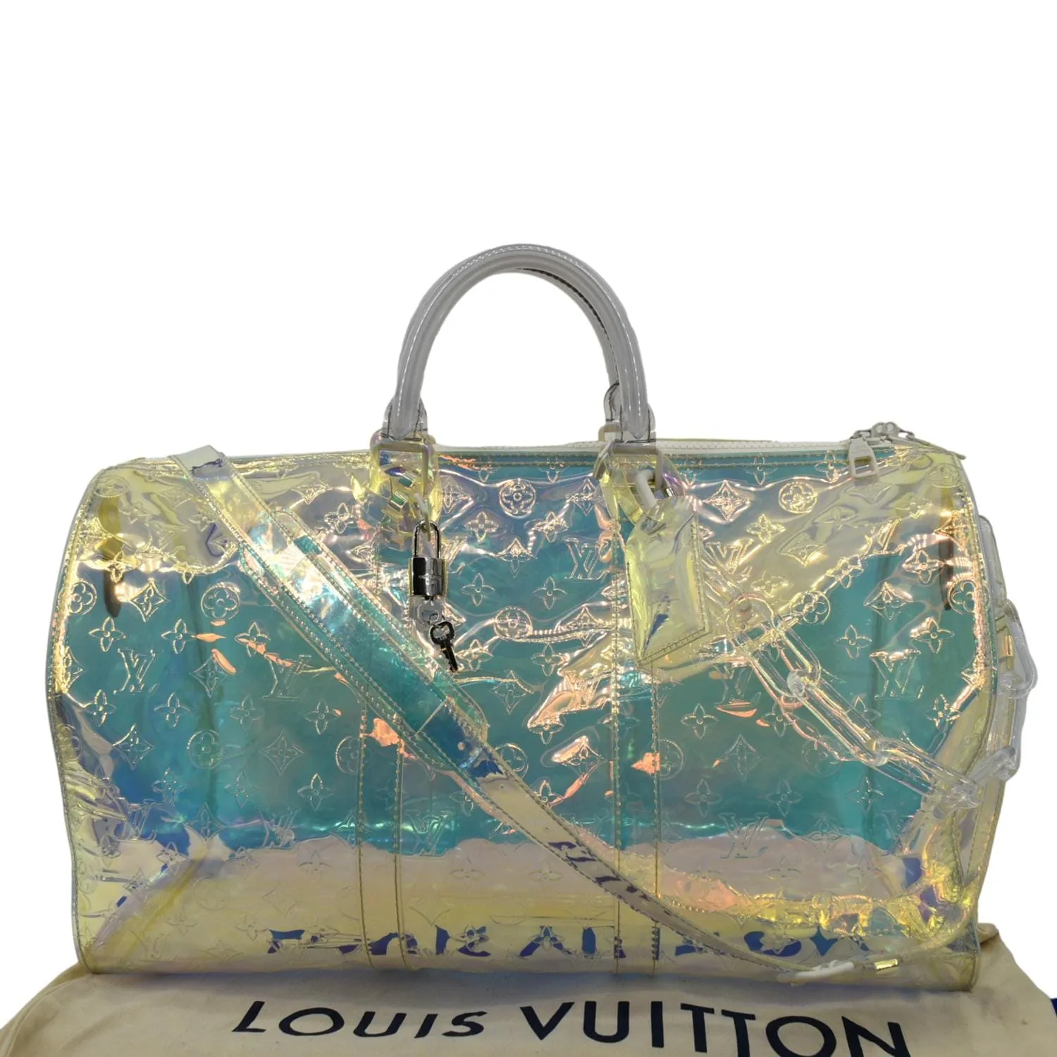 LOUIS VUITTON Keepall Bandouliere Embossed Monogram PVC Prism Travel Bag Iridescent