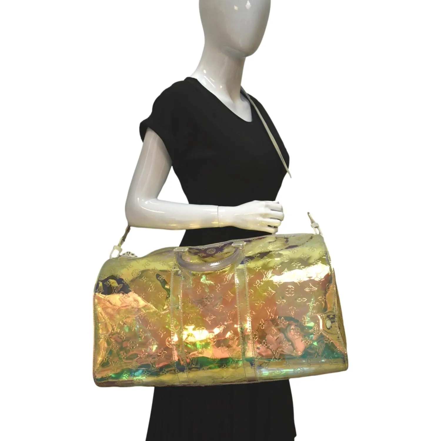 LOUIS VUITTON Keepall Bandouliere Embossed Monogram PVC Prism Travel Bag Iridescent