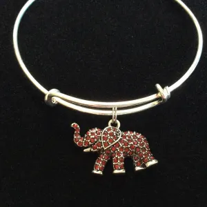 Lucky Garnet Crystal Elephant Charm on a Silver Adjustable Wire  Bangle Bracelet Expandable Trendy Stacking Red Crystal