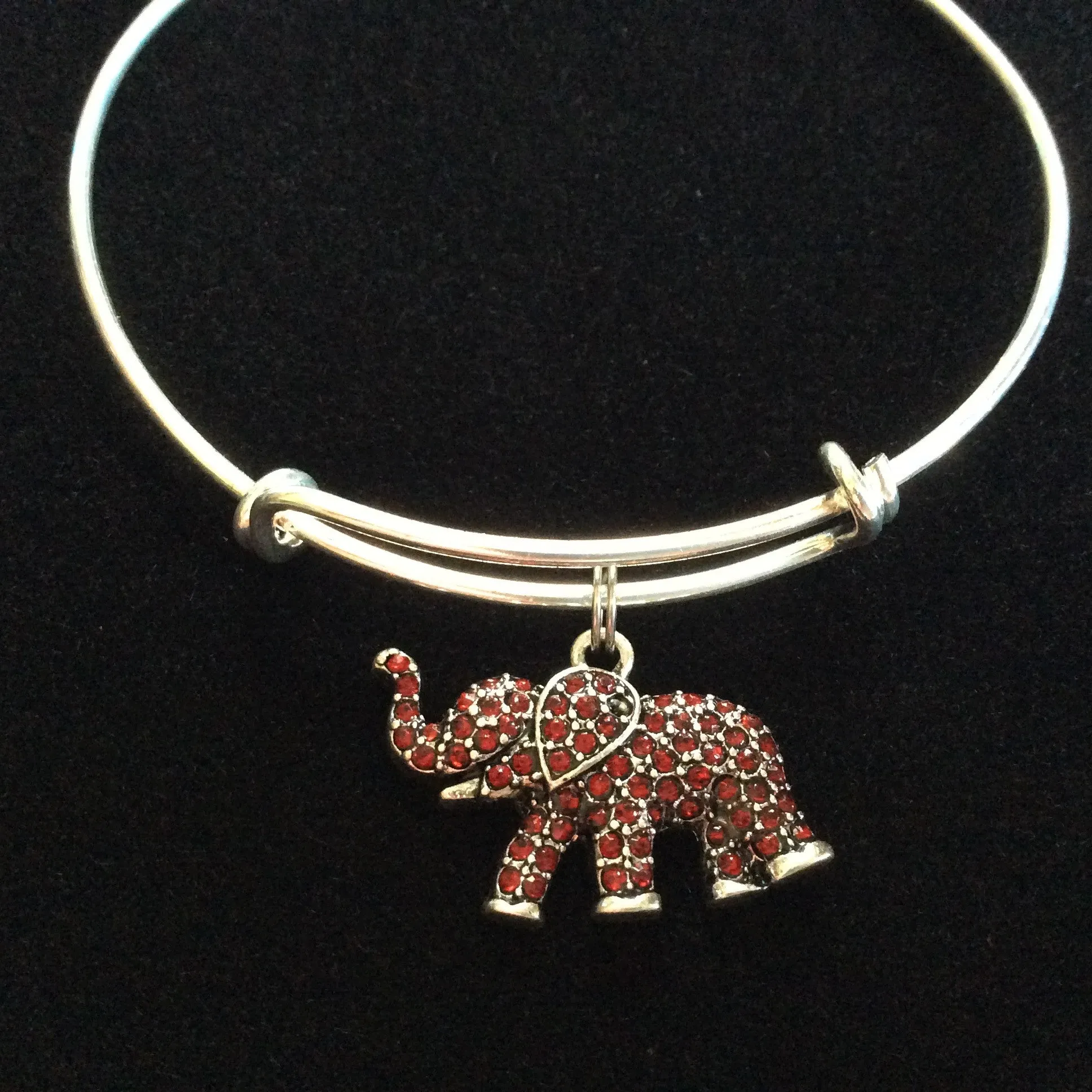 Lucky Garnet Crystal Elephant Charm on a Silver Adjustable Wire  Bangle Bracelet Expandable Trendy Stacking Red Crystal