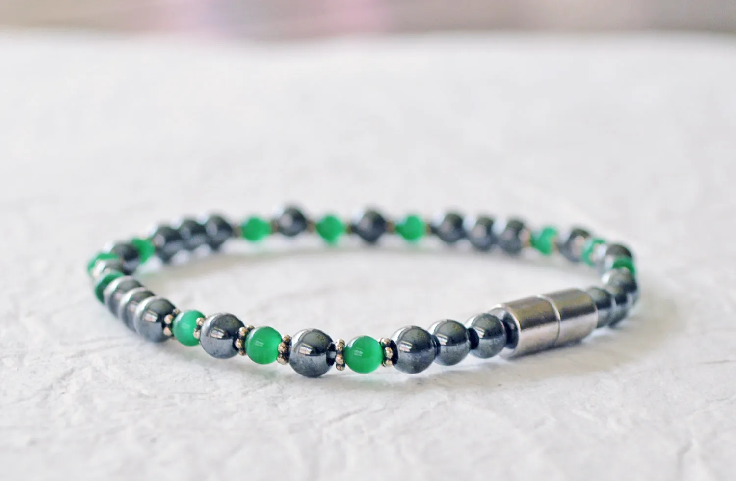 Magnetic Hematite Energy Bracelet w/ Green Cat's Eye