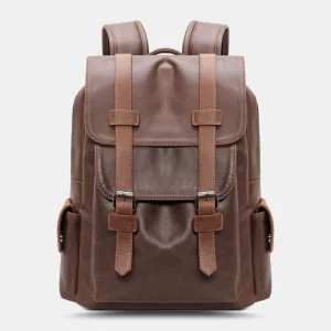 Men PU Leather Magnetic Buckle Breathable Backpack Retro Casual Adjustable Shoulder Strap 14 Inch Laptop Bag