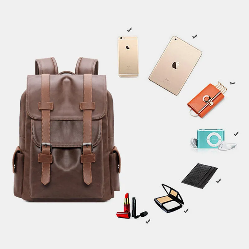Men PU Leather Magnetic Buckle Breathable Backpack Retro Casual Adjustable Shoulder Strap 14 Inch Laptop Bag