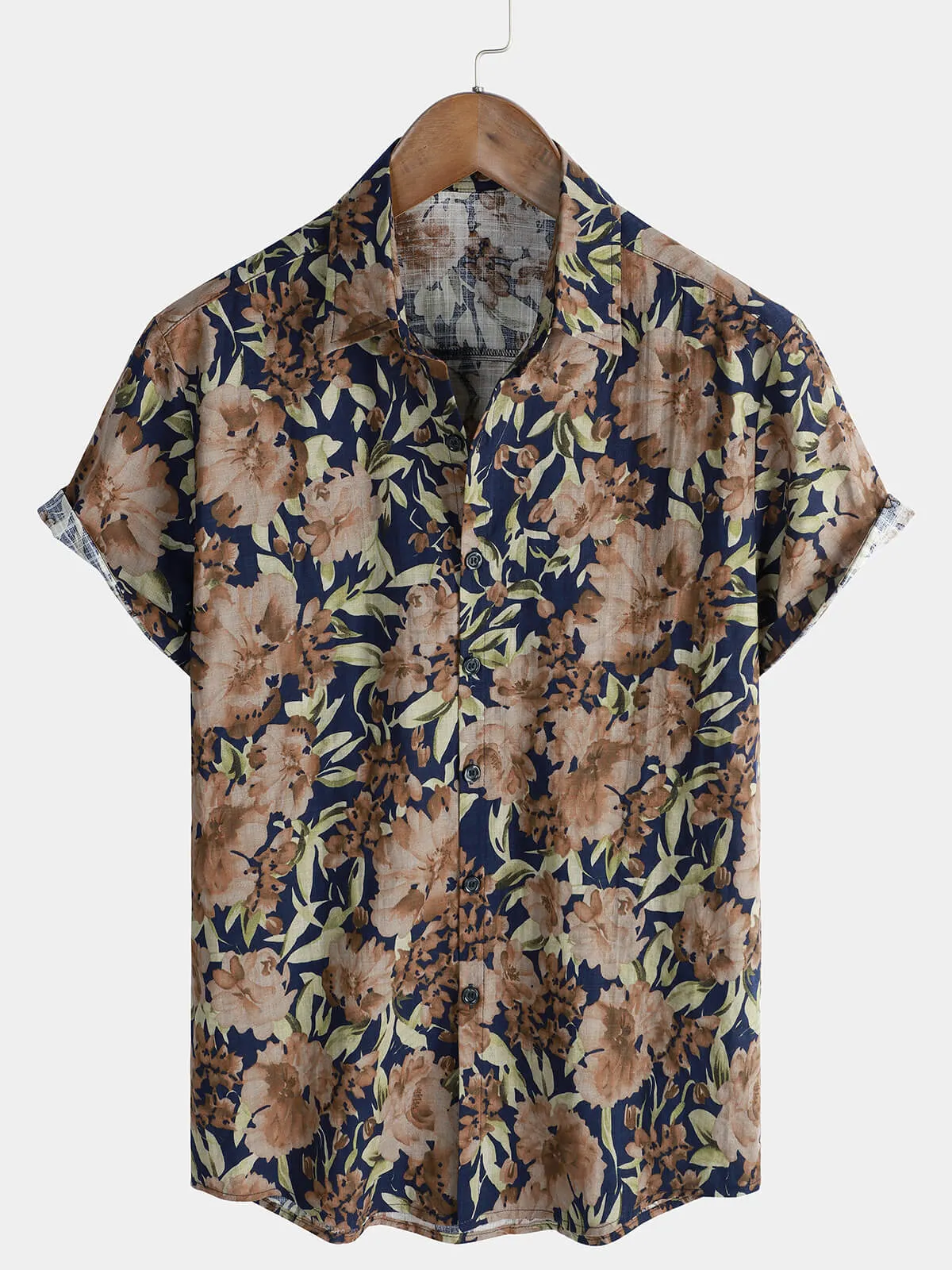 Men's Vintage Holiday Hawaiian Floral Button Up Short Sleeve Shirt