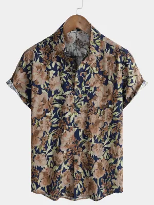 Men's Vintage Holiday Hawaiian Floral Button Up Short Sleeve Shirt