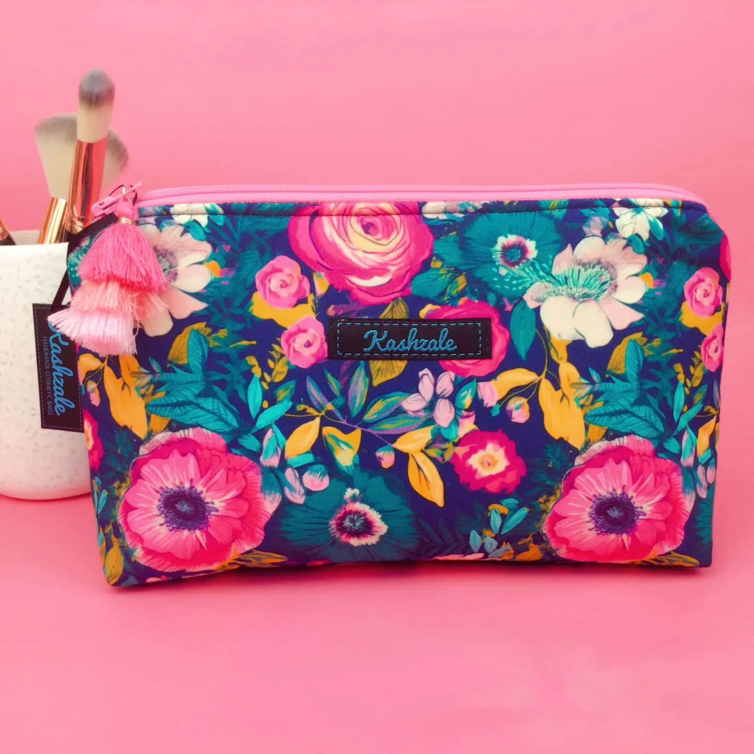 Navy and Pink Floral Medium Makeup Bag.