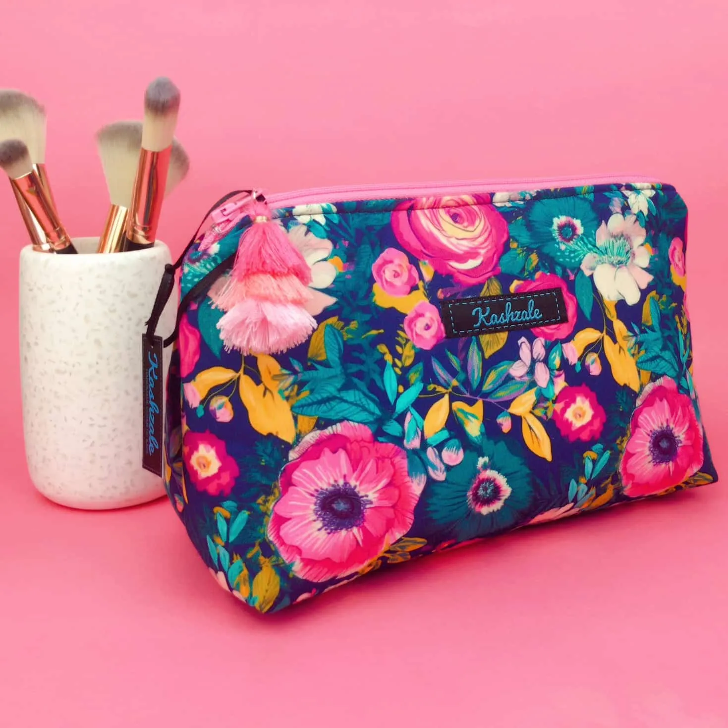 Navy and Pink Floral Medium Makeup Bag.