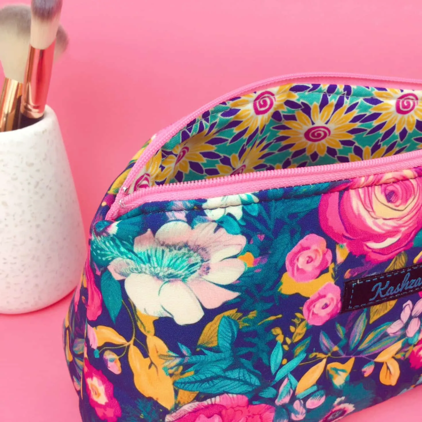 Navy and Pink Floral Medium Makeup Bag.