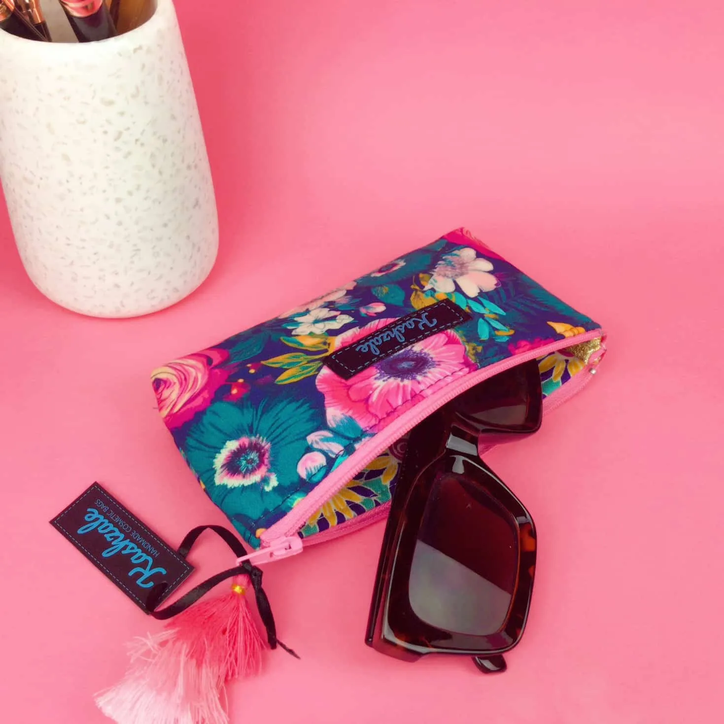 Navy and Pink Floral Sunglasses bag, glasses case.