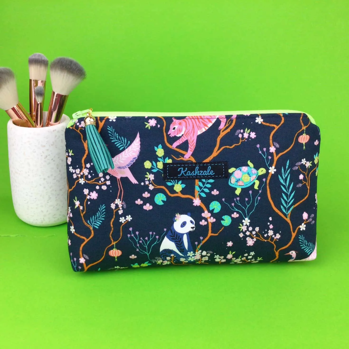 Navy Pandas and Tigers Medium Makeup Bag. Navy Makeup Bag.