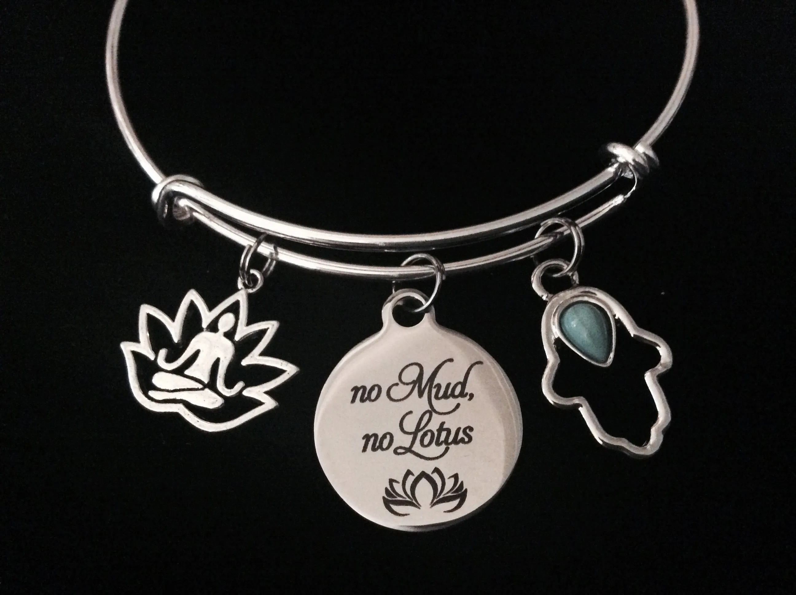 No Mud No Lotus Hamsa Hand Buddha Adjustable Bracelet Expandable Charm Bangle Silver Yoga Gift New Beginnings