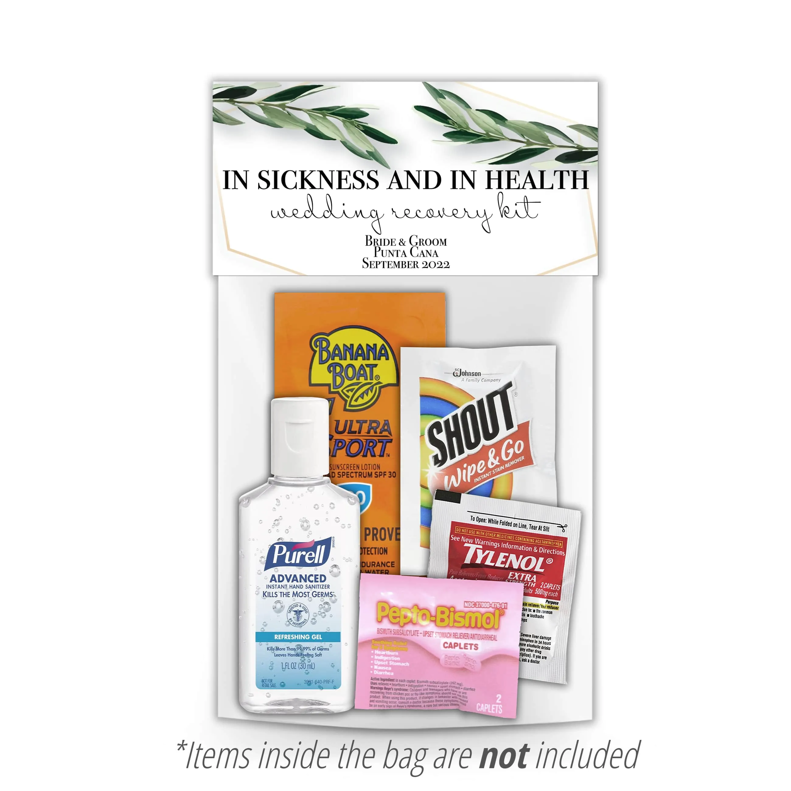 Personalized Wedding Hangover Recovery Kit Bag & Topper - Greenery