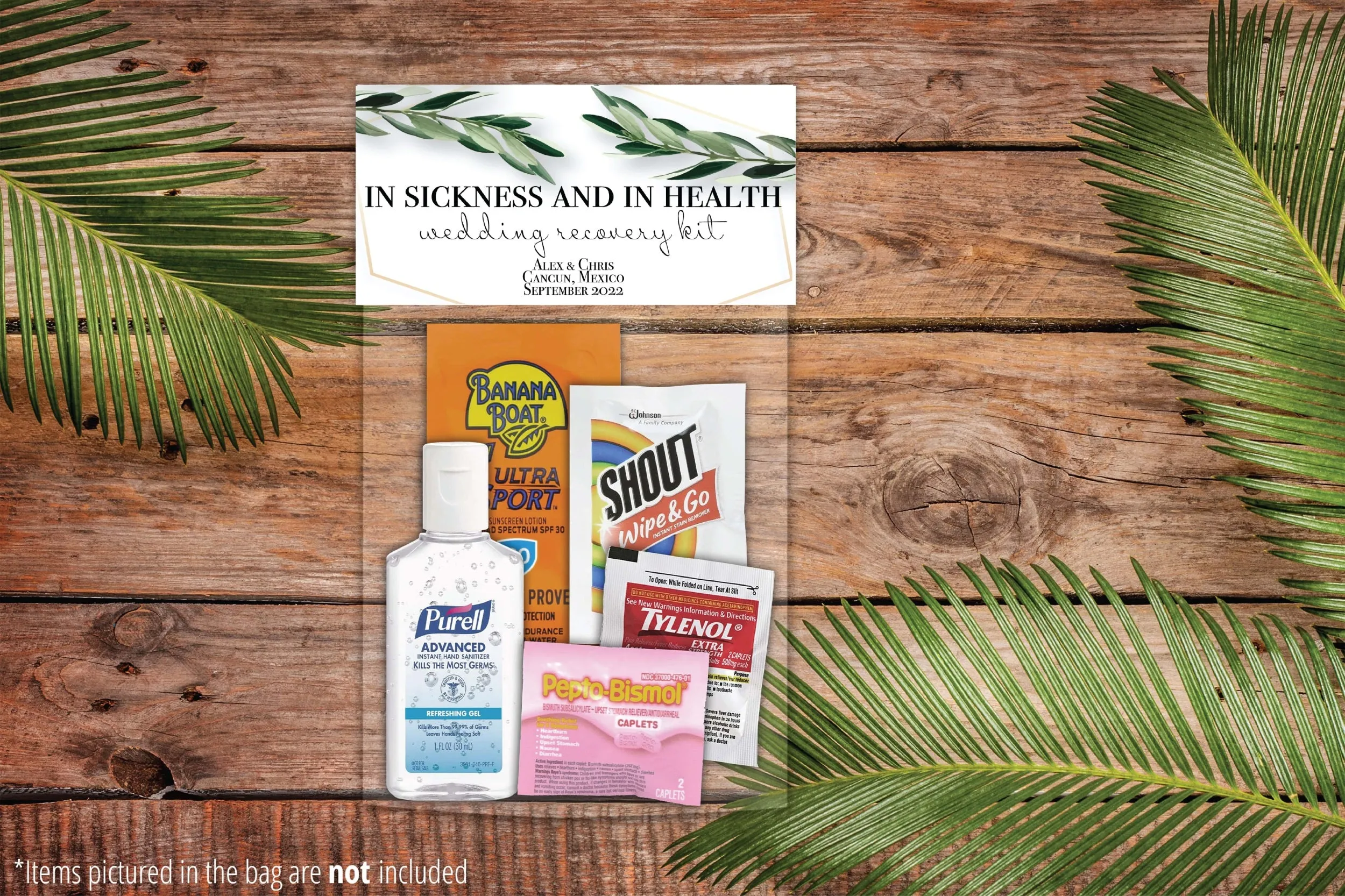Personalized Wedding Hangover Recovery Kit Bag & Topper - Greenery