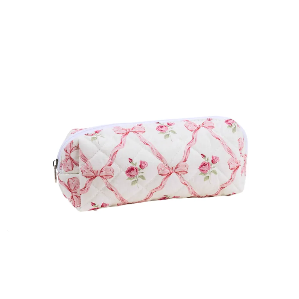 Pink Flower Quilted Cotton Makeup Bag