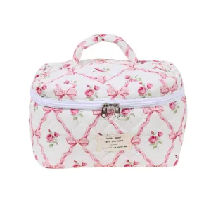 Pink Flower Quilted Cotton Makeup Bag