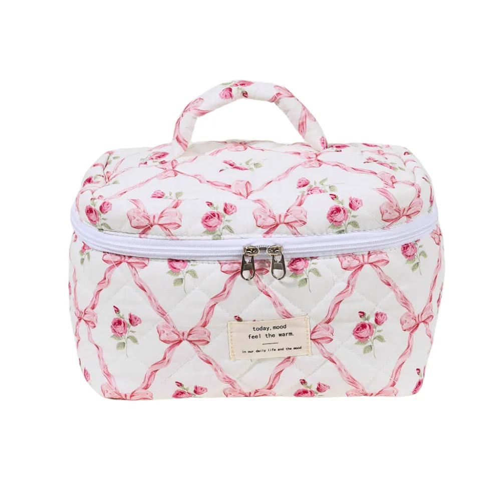 Pink Flower Quilted Cotton Makeup Bag