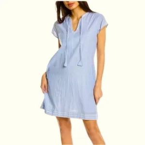Pomegranate | Tie neck pockets 100% cotton blue &amp; white pinstriped shift Sz S