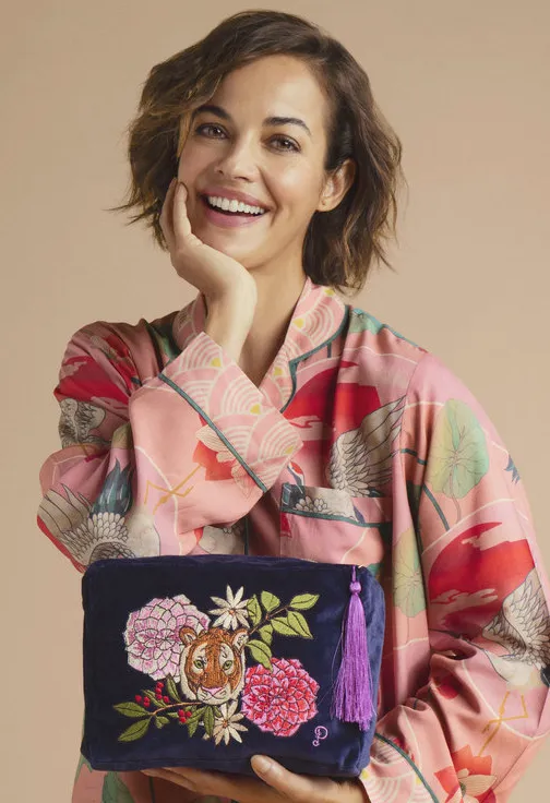 Powder Velvet Wash Bag - Floral Tiger Face in Indigo