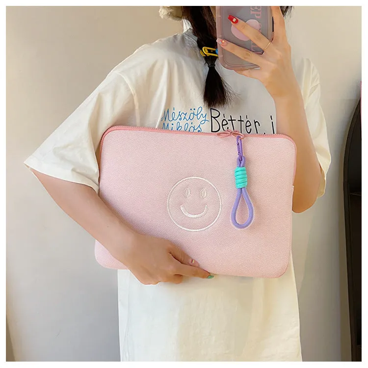 Quilted Cute Embroidered Smiley face iPad Bag, iPad Sleeve,iPad Bag,Laptop Sleeve,Laptop Bag