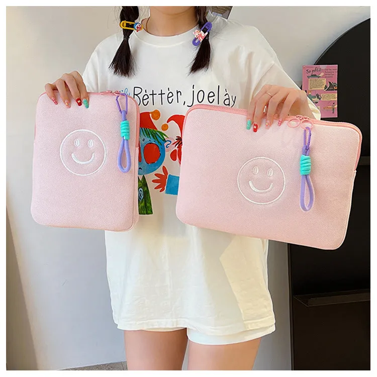 Quilted Cute Embroidered Smiley face iPad Bag, iPad Sleeve,iPad Bag,Laptop Sleeve,Laptop Bag