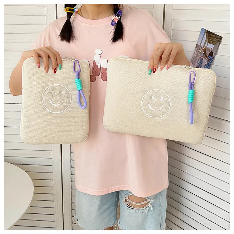Quilted Cute Embroidered Smiley face iPad Bag, iPad Sleeve,iPad Bag,Laptop Sleeve,Laptop Bag