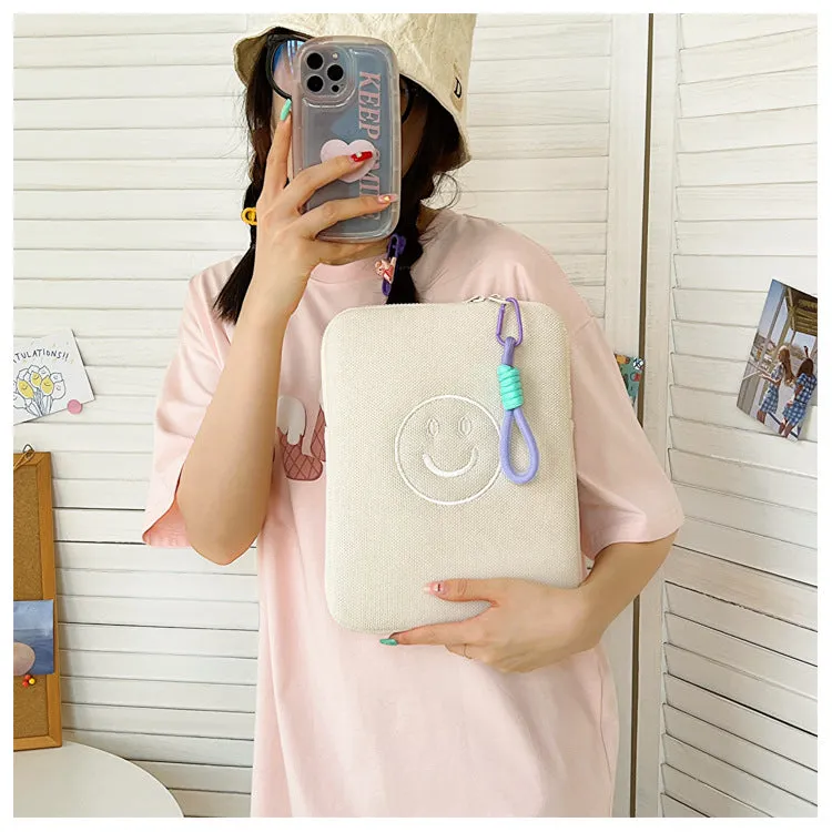 Quilted Cute Embroidered Smiley face iPad Bag, iPad Sleeve,iPad Bag,Laptop Sleeve,Laptop Bag