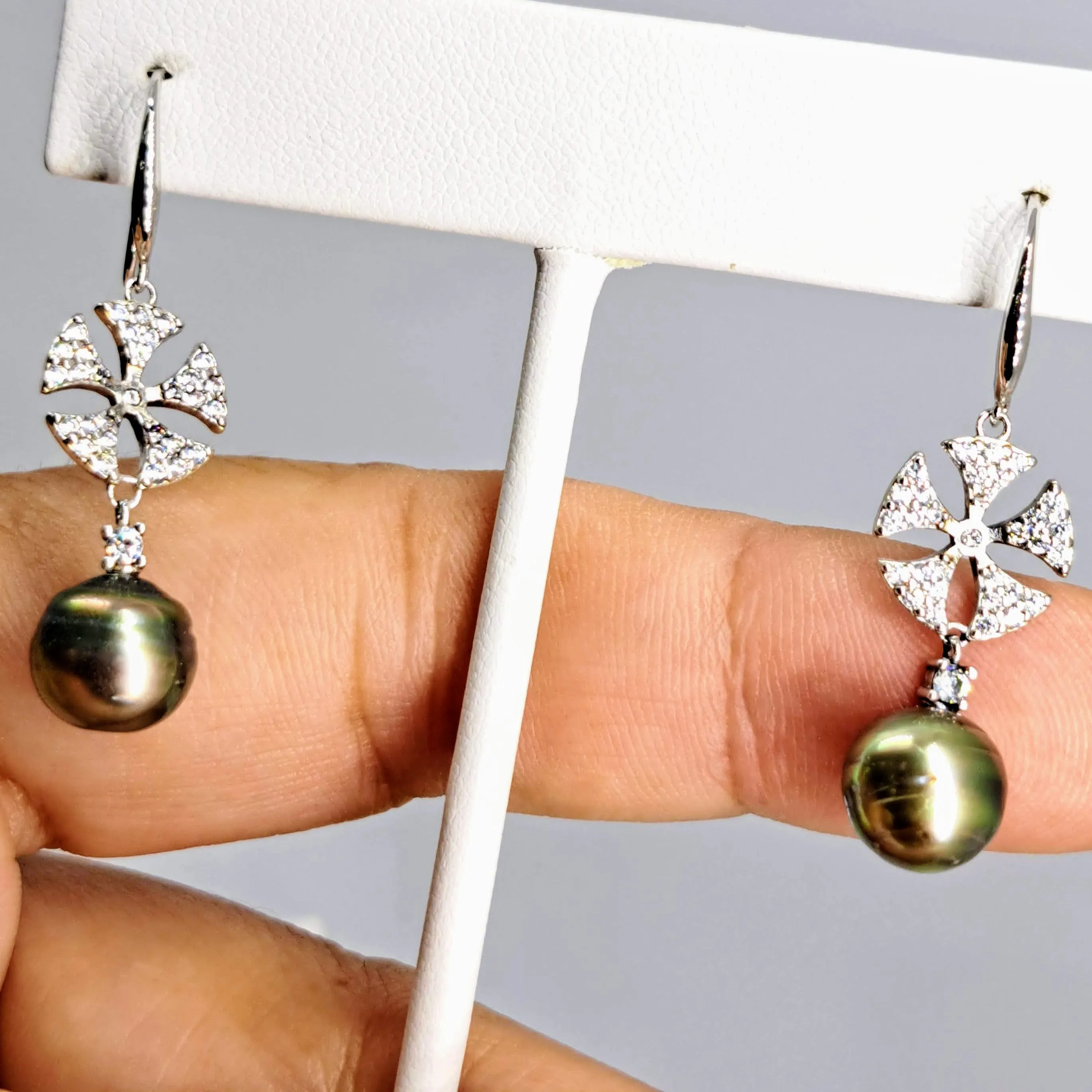 "Sugar Sand Dollars" 1.5" Earrings - Tahitian Pearl, Crystal, Anti-tarnish Sterling