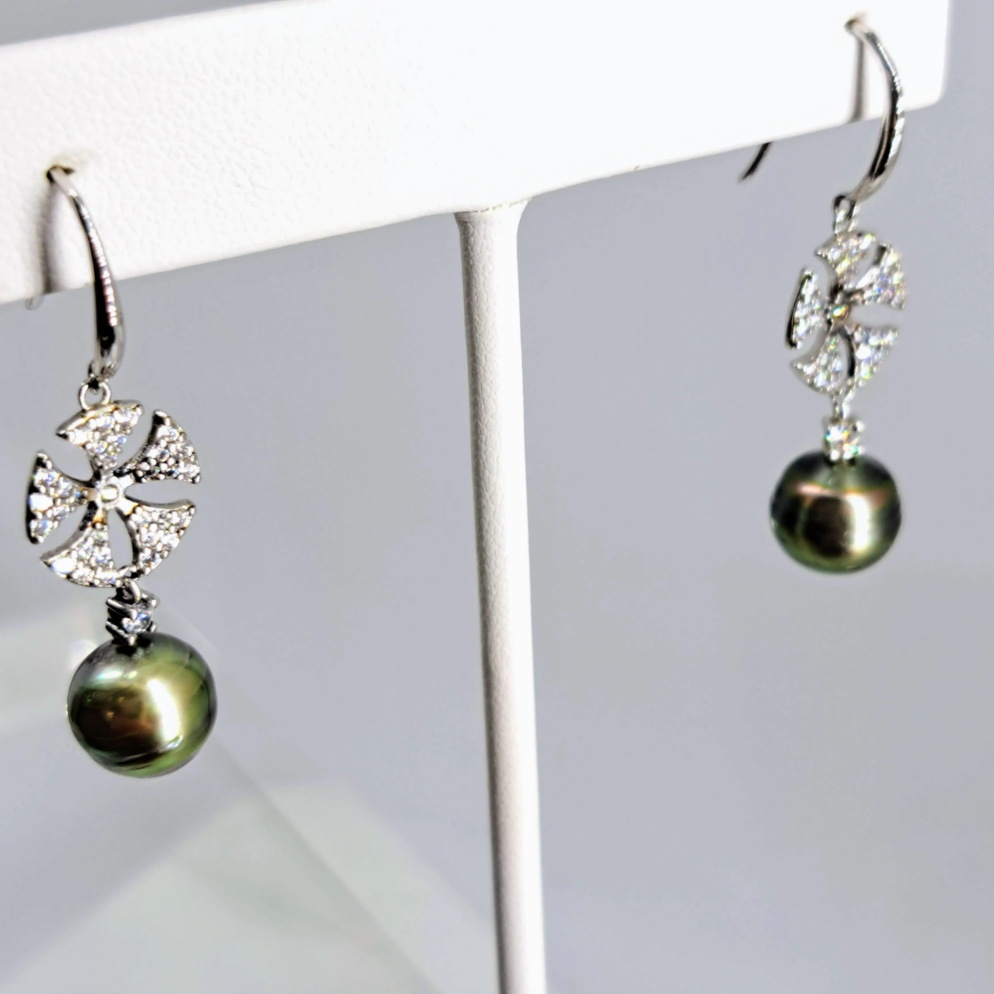 "Sugar Sand Dollars" 1.5" Earrings - Tahitian Pearl, Crystal, Anti-tarnish Sterling