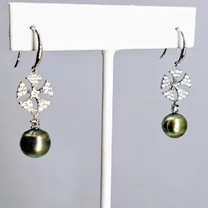 "Sugar Sand Dollars" 1.5" Earrings - Tahitian Pearl, Crystal, Anti-tarnish Sterling