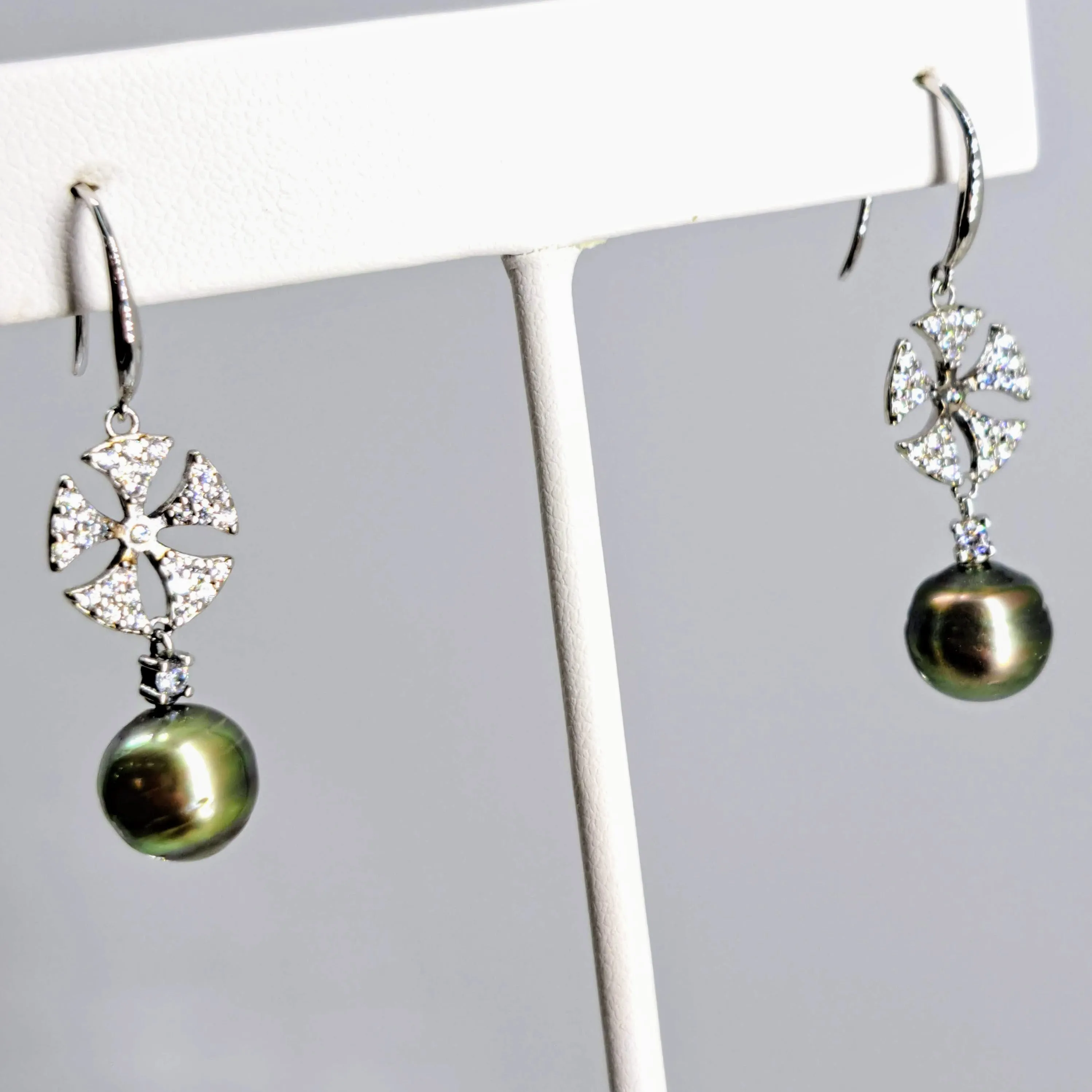 "Sugar Sand Dollars" 1.5" Earrings - Tahitian Pearl, Crystal, Anti-tarnish Sterling