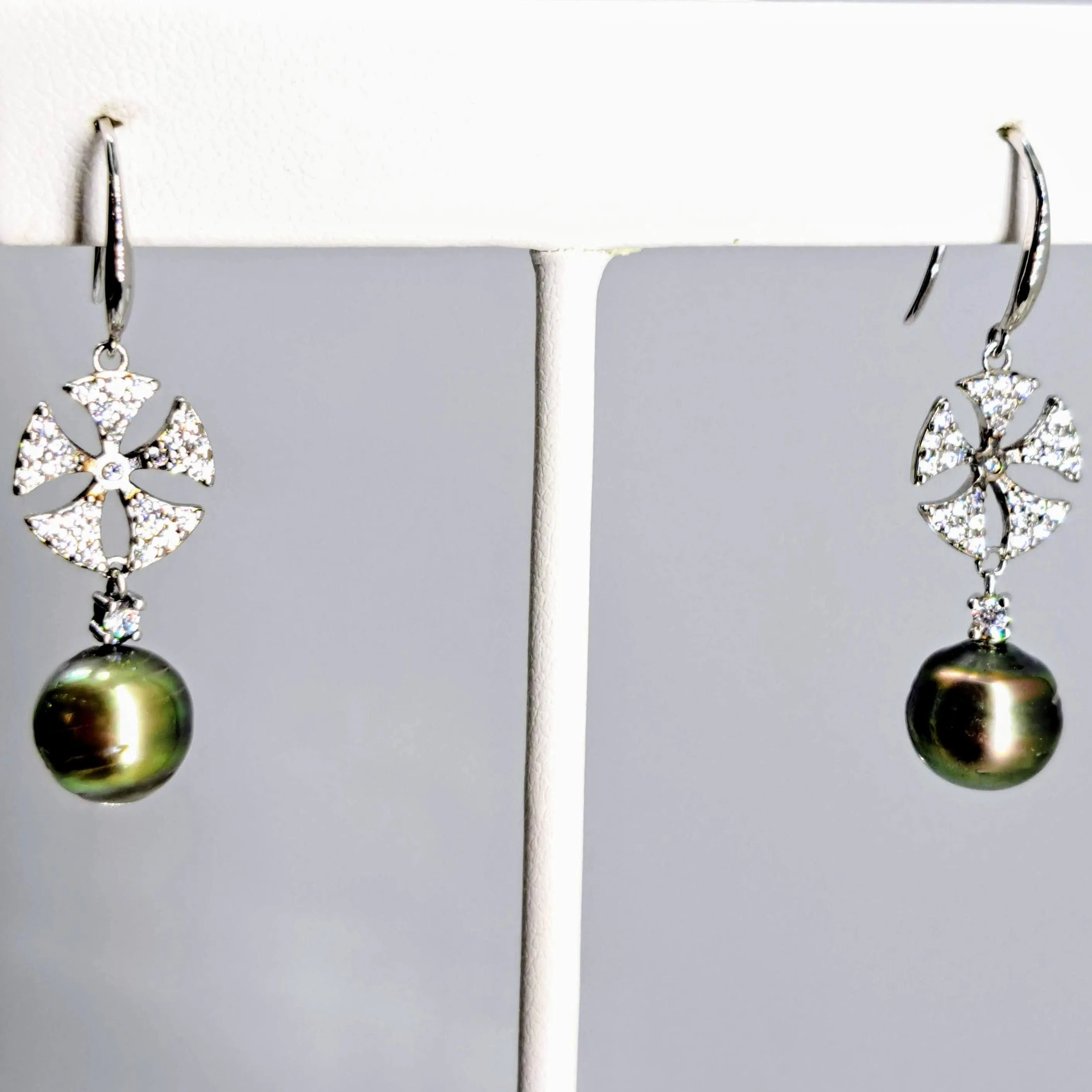 "Sugar Sand Dollars" 1.5" Earrings - Tahitian Pearl, Crystal, Anti-tarnish Sterling