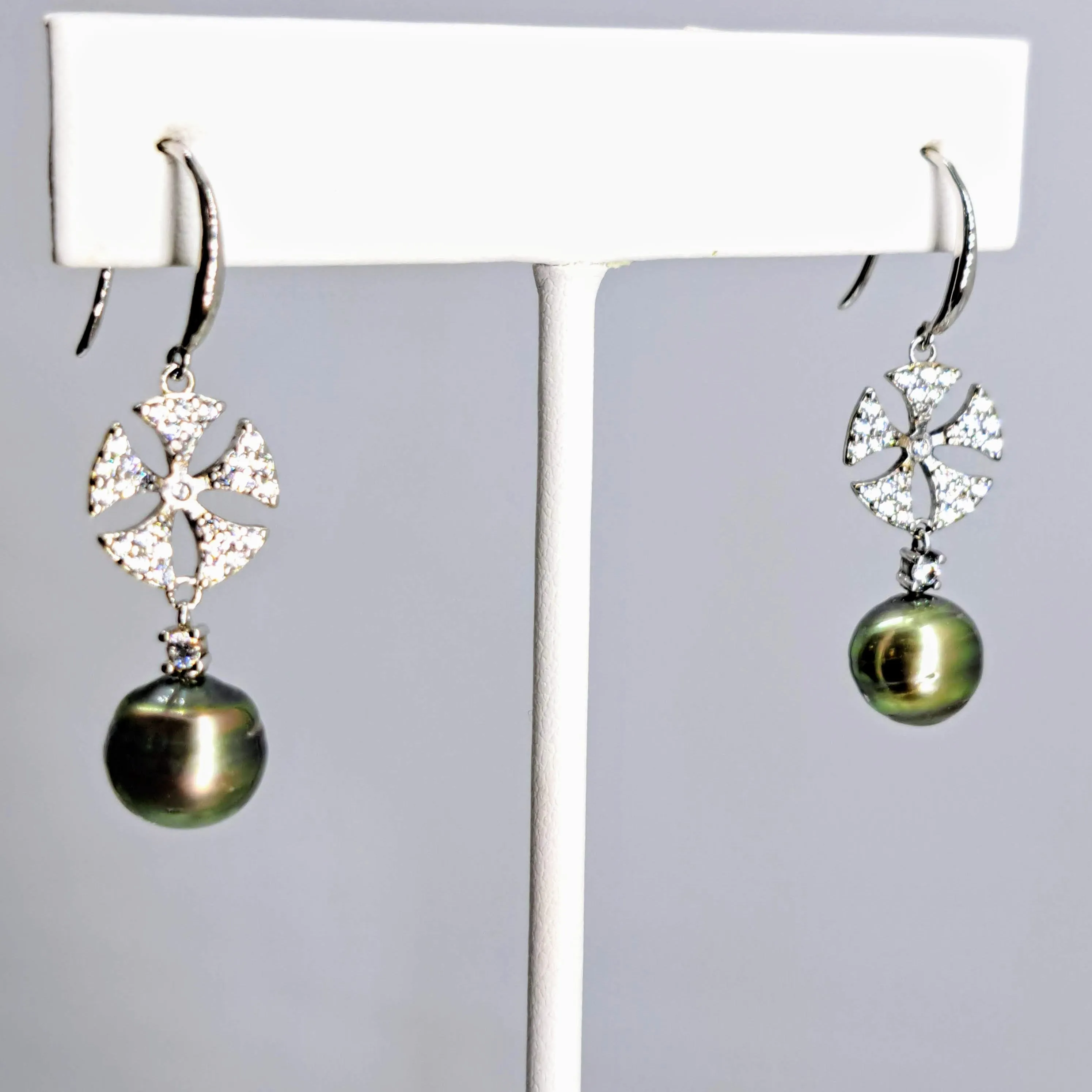 "Sugar Sand Dollars" 1.5" Earrings - Tahitian Pearl, Crystal, Anti-tarnish Sterling