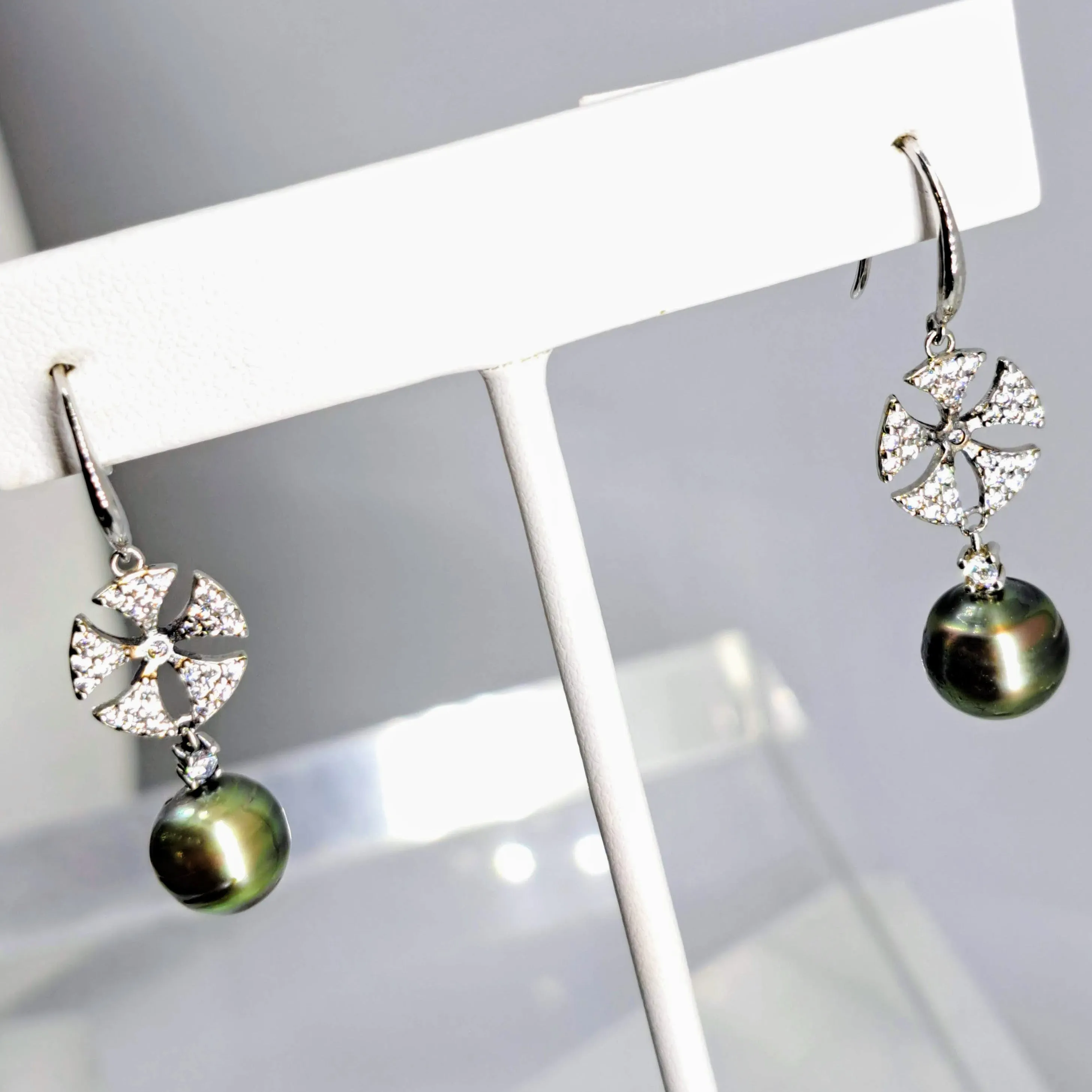 "Sugar Sand Dollars" 1.5" Earrings - Tahitian Pearl, Crystal, Anti-tarnish Sterling