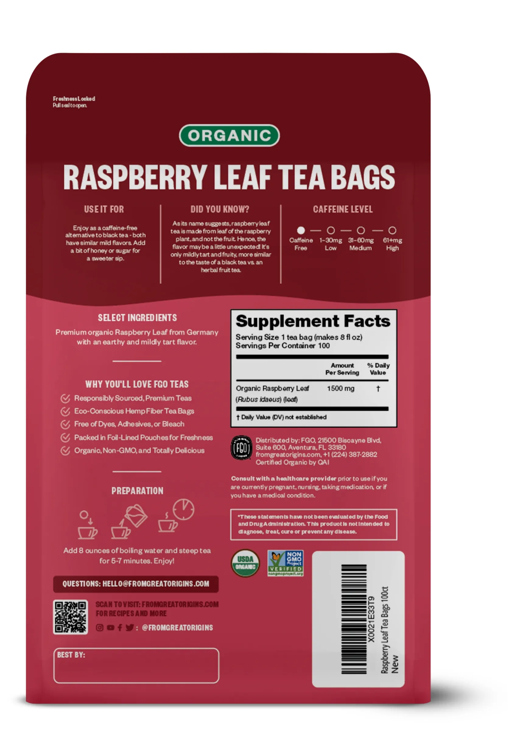 Raspberry Leaf Tea Bags