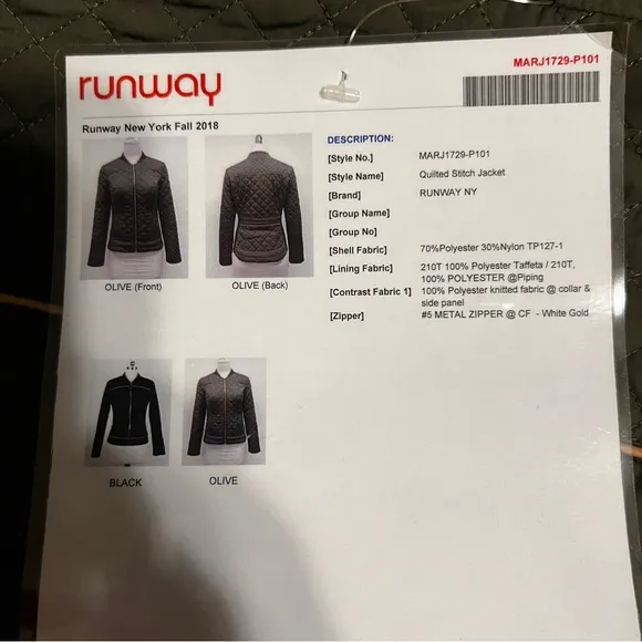 Runway New York NWT SAMPLE quilted jacket SIZE SMALL