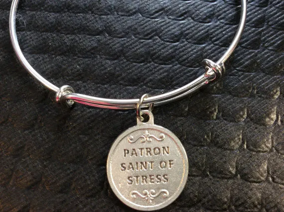 Saint Dymphna Patron Saint of Stress Silver Expandable Bangle Double Sided Adjustable Bracelet
