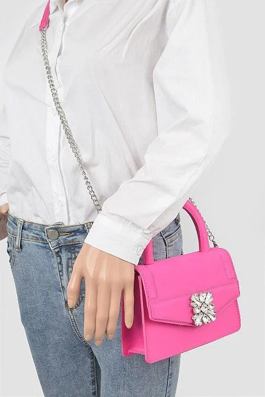 Satin Stone Buckle Top Handle Bag