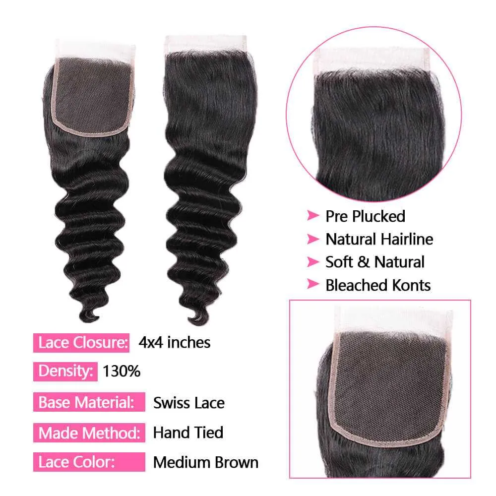 Sdamey 4x4 Lace Closure Brazilian Loose Deep Human Hair Lace Closure