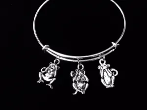 See No Evil Hear No Evil Speak No Evil Three Wise Monkeys Adjustable Bracelet Expandable Silver Charm Bangle Gift