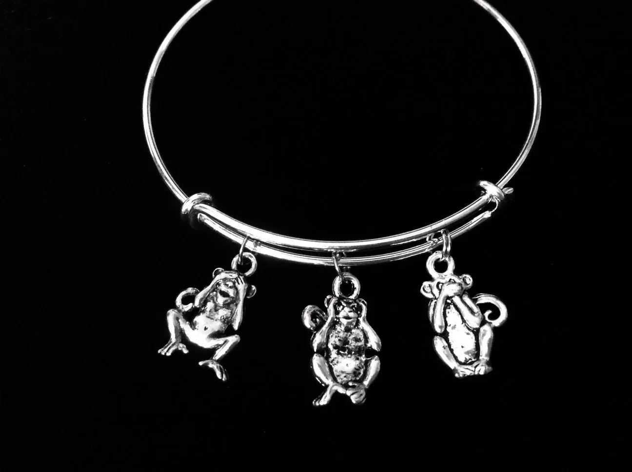 See No Evil Hear No Evil Speak No Evil Three Wise Monkeys Adjustable Bracelet Expandable Silver Charm Bangle Gift