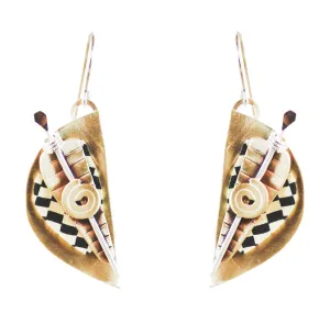 Shield Shaped Tapestry Earrings Sterling and Brass