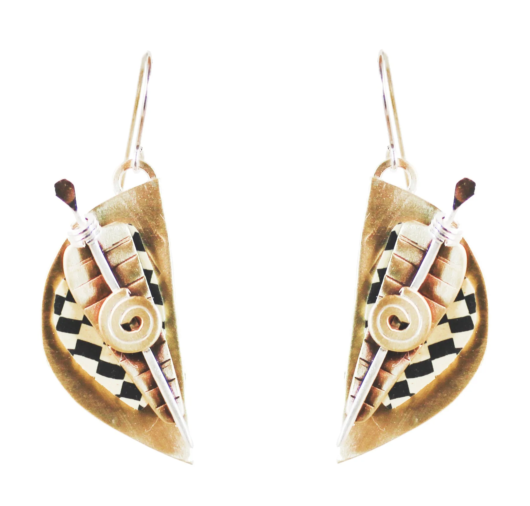 Shield Shaped Tapestry Earrings Sterling and Brass