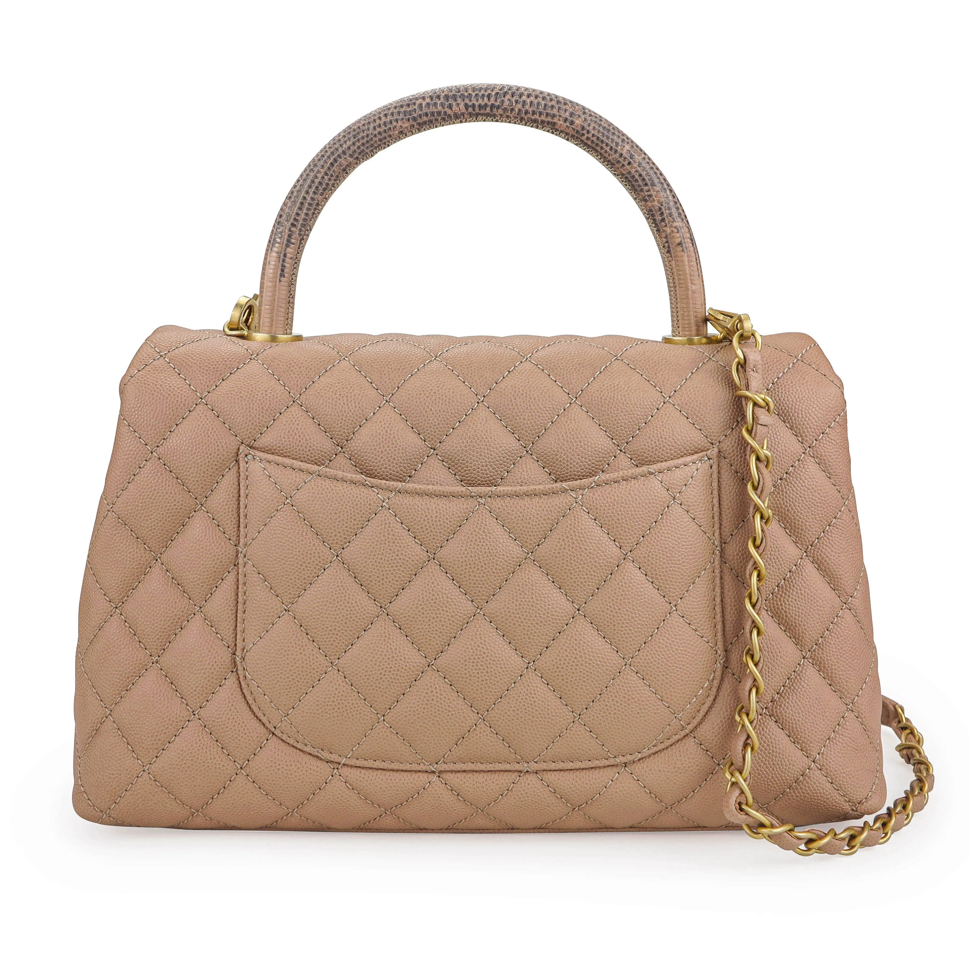 Small Coco Handle Bag with Lizard Handle in Beige Caviar