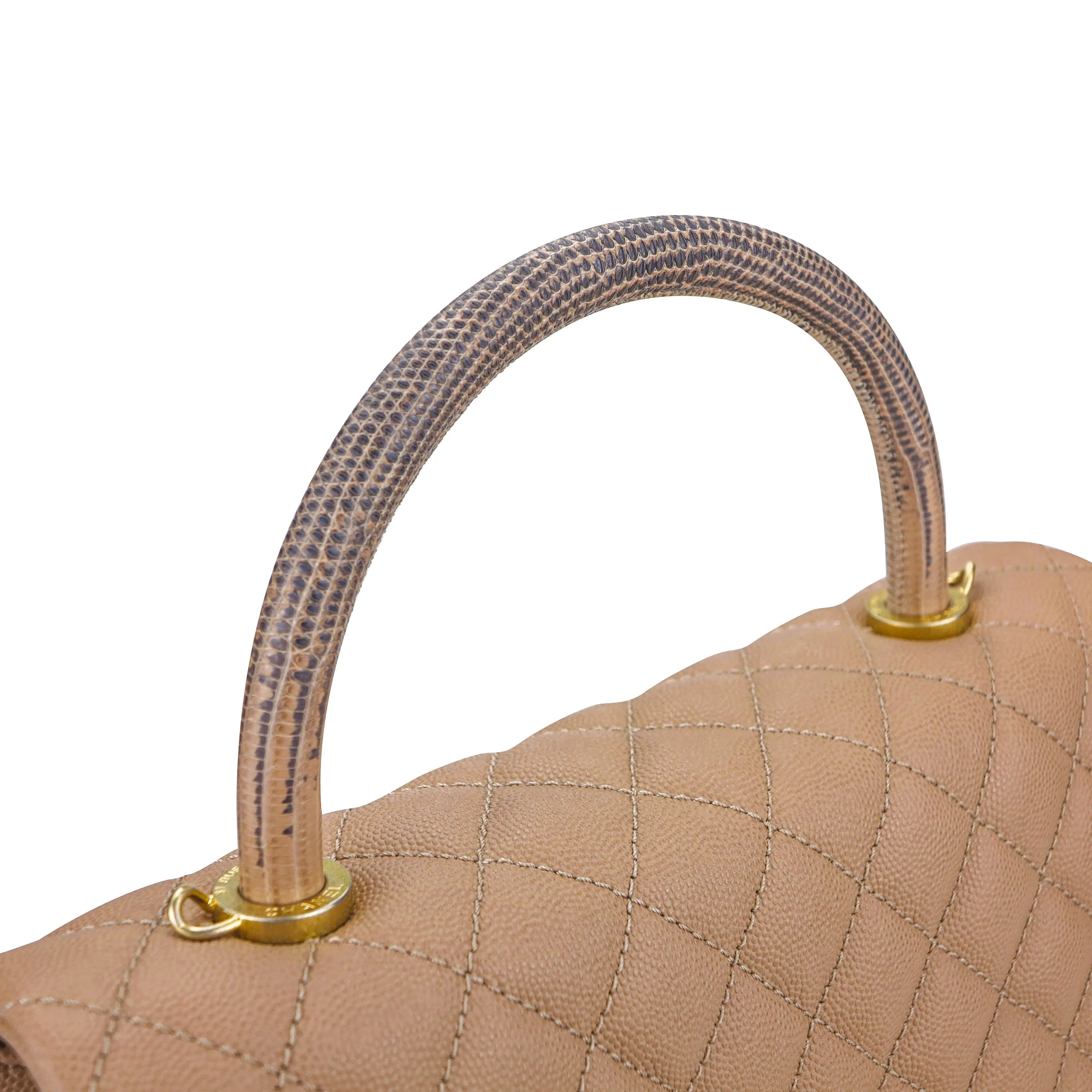 Small Coco Handle Bag with Lizard Handle in Beige Caviar